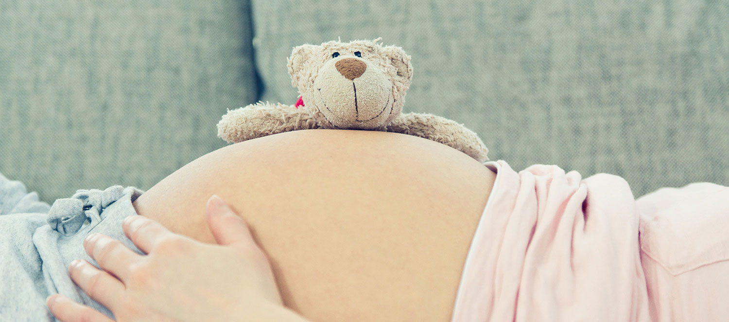 Schwangere mit Teddy auf dem Bauch. 
